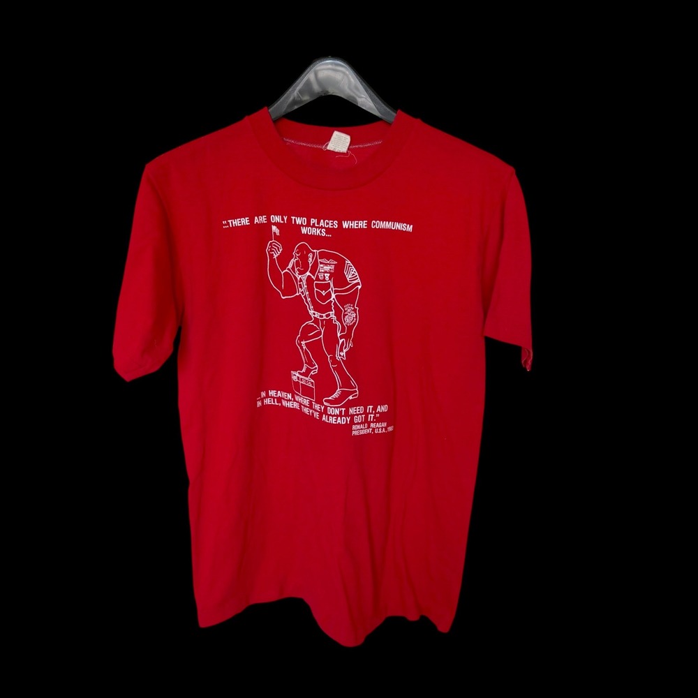 Vintage 1983 Ronald Reagan Anti-Communism T-Shirt Velvet Sheen Red Marine L